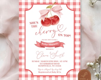 Red Preppy Cherry Baby Shower Invitation, Hand Drawn Cherry On Top Baby Girl Invite, Pink Coquette Gingham Cherry Baby Shower Invite WZ21