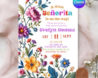 Invitación floral para baby shower de la pequeña señorita, baby shower mexicano de Taco Bout Baby Es Nina, baby shower de flores silvestres para Cinco de Mayo C108