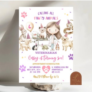 May include: A colorful invitation for a 6th birthday party with a veterinarian theme. The invitation features a cartoon girl dressed as a veterinarian surrounded by animals, including a cat, dog, snake, turtle, and guinea pig. The text on the invitation reads "Calling all Pawty Animals, Veterinarian Cassay is turning six!" and includes an appointment schedule for Saturdays at 1:00 PM. The invitation also includes the address 12 Marvelous Rd, Hampsville, NY 12543 and an RSVP request to Cathrine by 12/2.