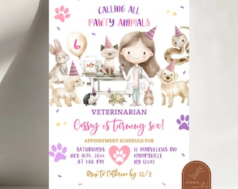 Girl Veterinary Birthday Party, Calling All Party Animals Shelter Birthday Invitation, Dog & Cat Vet Birthday Party, Kids Doctor Invite C77