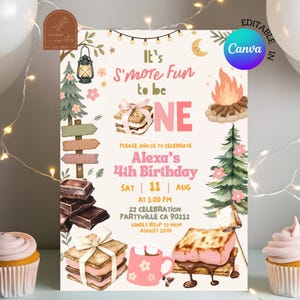May include: A birthday invitation card featuring s'mores, a campfire, pine trees, and a lantern. Text reads: It's S'more Fun to be ONE, Please Join Us to Celebrate Alexa's 4th Birthday, Sat 11 Aug at 1:00 PM, 23 Celebration Partyville CA 90212.