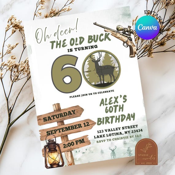 Oh Deer! Hunting Camo Adult Birthday Invitation, The Old Buck Is Turning 60 Birthday Invite, Canva Editable Hunting Theme Birthday C138