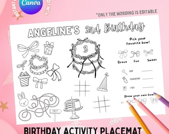 Bow Coquette Birthday Placemat Activity, Girl Ribbon Theme Kids Birthday Party Activities, Coquette Theme Coloring Party Activities, C44