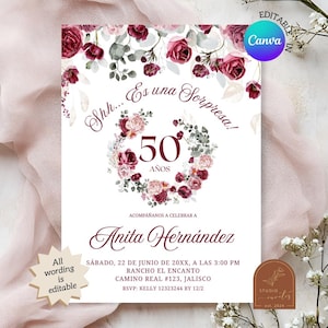Faire-part d'anniversaire espagnol Blush et Bourgogne Sorpresa, couronne de roses tout âge invitation d'anniversaire, invitation d'anniversaire adulte modifiable Canva C140