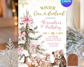 Invitación de primer cumpleaños "Onederland" de invierno rosa y nieve, invitación de cumpleaños para niña con lazo rosa, invitación de primer cumpleaños con copos de nieve de invierno editable en Canva C165PW