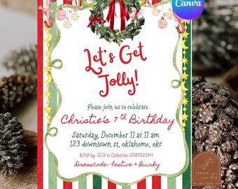 Quirky Party Chain Jolly Birthday Party Invitation, Let's Get Jolly Birthday Invite, Christmas Theme Birthday Editable Canva Template C269