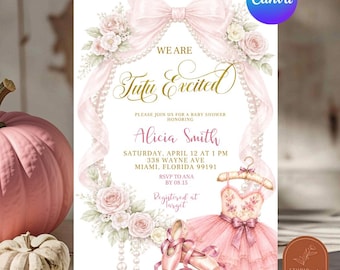 Einladung zur Babyparty mit Tutu-Motiv, Einladung zur Ballerina-Party mit rosa Schleife und Perlen, Bearbeitbare Canva-Vorlage C83 für eine kokette Babyparty mit floralem Ballett-Motiv