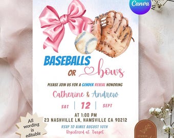 Invitation pour révélation du sexe du bébé : coquettes roses et balles de baseball ; balles de baseball bleues ou nœuds ; modèle Canva « Garçon ou fille » pour baby shower sur le thème du baseball (C84)