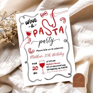 Wein und Pasta Party Geburtstagseinladung für Erwachsene, Ciao Pasta Party Italienische Geburtstagsfeier, Handgezeichnete Italienische Koch Abendessen Geburtstagsfeier AC25