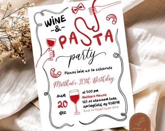 Wine and Pasta Party Adult Birthday Invitation, Ciao Pasta Party Italian Birthday Party, Hand Drawn Italian Chef Dinner Birthday Party AC25