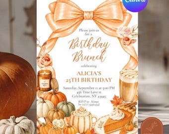 Invitation brunch d'anniversaire automnal avec nœud orange, invitation pour une fête d'automne avec tarte au latte à la citrouille et aux épices, modèle Canva modifiable pour anniversaire adulte C83