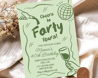 Sage Green Cheers to 40 Years Wine Birthday Invitation, Retro Wavy Disco Ball Birthday Party, Vintage Cheers Cocktail Adult Birthday C56