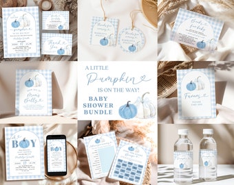 Blue Plaid Preppy Pumpkin Baby Shower Bundle Set, Blue Pumpkin Boy Baby Shower Bundle Invitation, Fall Pumpkin Bundle Set Baby Shower C52