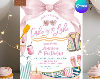 Invitación de cumpleaños con pastel rosa pastel para niña junto al lago, invitación de cumpleaños con lazo coqueto, invitación de cumpleaños para fiesta de verano al aire libre junto al lago editable en Canva C159