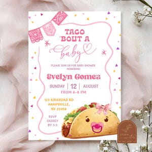 Taco Bout A Baby Girl Mexican Baby Shower Invitation, Pink Coquette Fiesta Baby Shower, Lets Taco Cinco De Mayo Boho Baby Shower C103