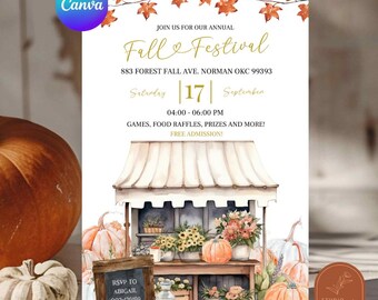 Invitation annuelle de festival de citrouilles d'automne, invitation de fête d'automne de récolte, invitation de carré de citrouille rustique festival d'automne moderne C38