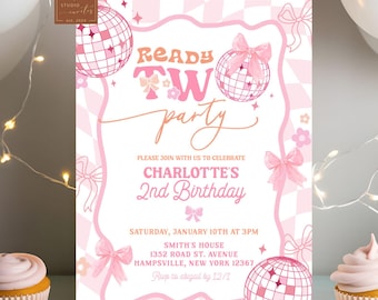 Pastel Retro Ready Two Party 2nd Birthday Party, Preppy Two Groovy Disco Girl Birthday Party, Pink Bow Daisy Flower Birthday Girl Invite C44