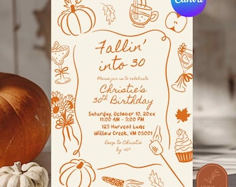 Orangefarbene, handgezeichnete Geburtstagseinladung mit Kürbismotiv für jedes Alter, bearbeitbare Canva-Vorlage für eine Herbstgeburtstagsfeier für Erwachsene (C246)