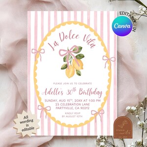 Lemon Citrus Italian Birthday Invitation, Pink Quirky Illustration La Dolce Vita Birthday Invitation, Editable Canva Template Birthday C135