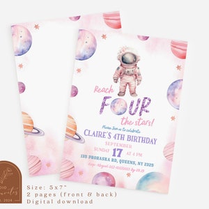 Inbjudningskort för 4-årsfödelsedagsflicka med Reach Four The Stars, Astronautfödelsedag för planeter i yttre rymden, Modern minimalistisk födelsedagsflicka inbjudningskort C59 bild 2