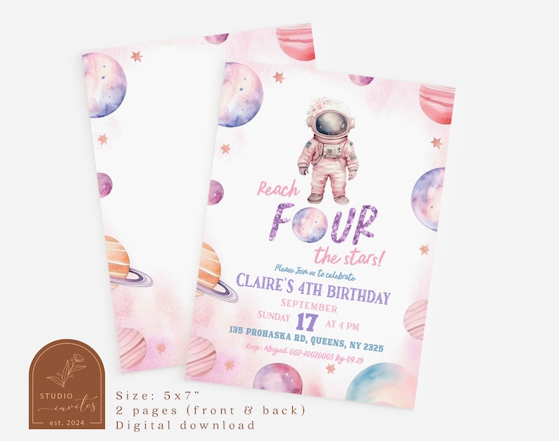 Inbjudningskort för 4-årsfödelsedagsflicka med Reach Four The Stars, Astronautfödelsedag för planeter i yttre rymden, Modern minimalistisk födelsedagsflicka inbjudningskort C59 bild 2