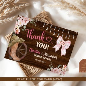 Laarzen boog bedankkaart, rustiek houten winkellabel, westerse visitekaartjes, cowboy gender Reveal notitiekaart, bloemen roze strik kaart C13