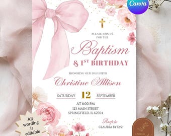 Blush Pink Bow Coquette Baptism and First Birthday Invitation, Pink Floral Blossom Christening Invitation, Canva Editable Baptism Invite A18