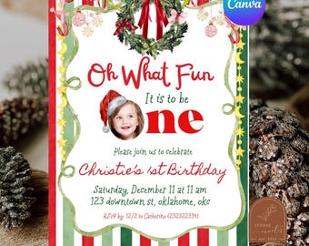 Quirky Oh What Fun To Be One 1st Birthday Party Invitation, Snowflake Kids Birthday, Winter Birthday Editable Canva Template C269