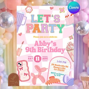May include: Pink birthday party invitation with the text "LET'S PARTY" and "Abby's 9th Birthday". The invitation includes illustrations of a cake, ice cream, and a balloon dog. The date is August 11th.