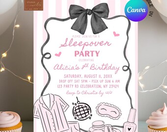 Wunderliche Hand gezeichnete rosa Sleepover-Party-Einladung schwarzer Bogen-Slumber-Party-Geburtstag einladen, Canva bearbeitbarer Pyjama-Party-Geburtstag C246