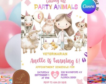 Girl Veterinary Farm Animals Birthday Party, Calling All Party Animals Shelter Birthday Invite, Vet Birthday Party, Kids Doctor Invite C77