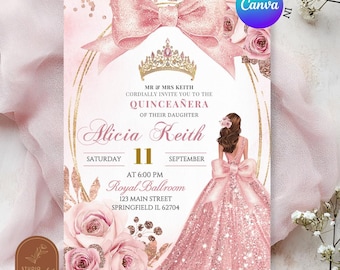 リボンコケットローズゴールドプリンセスキンセアニェーラ招待状、ローズフローラルスイート16th招待状、Canva編集可能なゴールドクラウンミスキンセティアラQ11