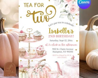 Może przedstawiać: Zaproszenie urodzinowe z tekstem TEA FOR TWO, Isabella's 2ND BIRTHDAY oraz szczegółami wydarzenia. Projekt zawiera akwarelowe ilustracje trzypoziomowej patery na babeczki, czajniczka, filiżanki do herbaty oraz motywy kwiatowych dyń.