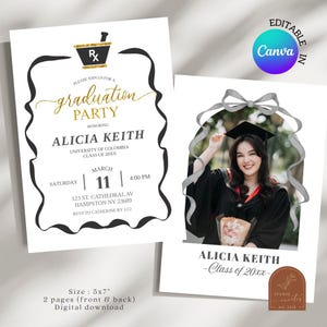 May include: Graduation party invitation featuring a black and gold mortarboard design and the text "graduation party" in gold script. The invitation includes the graduate's name, university, date, time, and location. A photo of the graduate is also included.