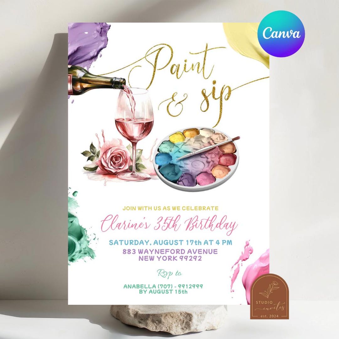 Paint and Sip Birthday Party Invitation, Colorful Watercolor