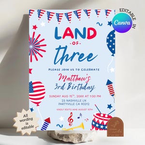 Independence Day Land of the Three Birthday Invitation, 4th of July Third Birthday Party Invitation, Canva Editable Digital Invitation C144