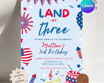 Independence Day Land of the Three Birthday Invitation, 4th of July Third Birthday Party Invitation, Canva Editable Digital Invitation C144