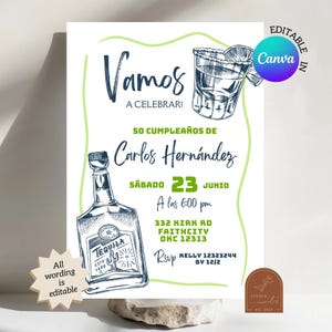 Faire-part de fête d'anniversaire homme tequila mexicain espagnol, Fiesta adulte anniversaire invitation, modèle modifiable canva invitation anniversaire tequila AC21