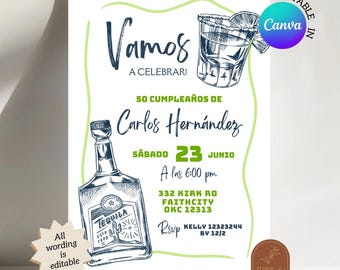 Spanish Mexican Tequila Man Birthday Party Invitation, Fiesta Adult Birthday Invite, Canva editable Template Tequila Birthday Invite AC21