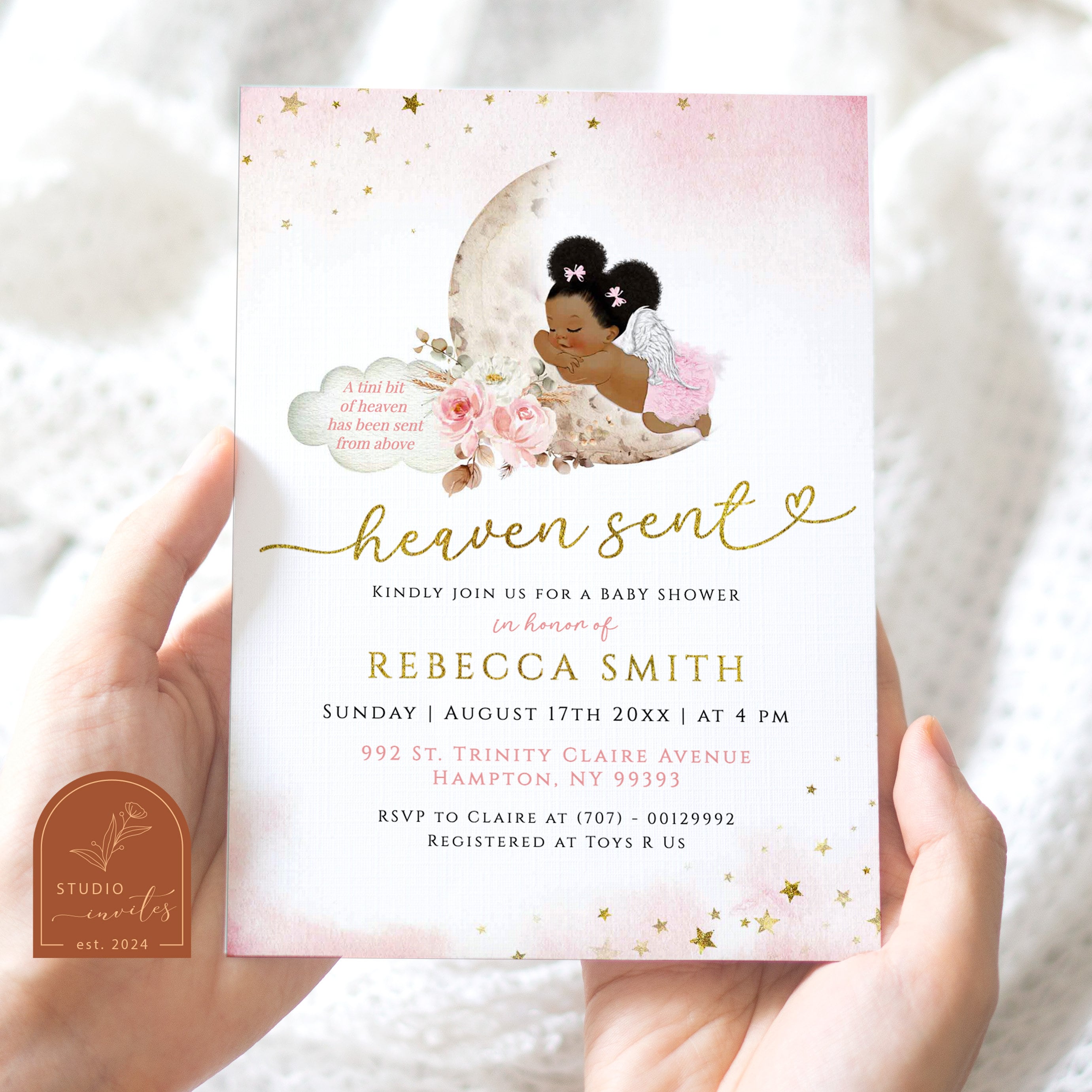 Boho Heaven Sent Baby Shower Invitation, Moon Pink African Girl Baby Shower Invitation, Moon Stars and Floral Angel Wings Baby Shower C60