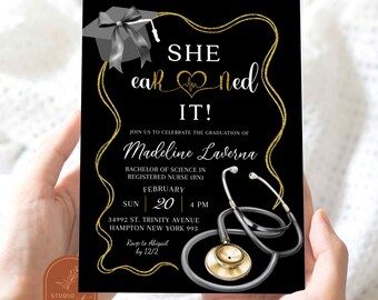 Black Bow Coquette RN Graduation Invitation, Modern Elegant Black and Gold Nurse RN Graduation Invitation, Graduation Pinning Ceremony AC22
