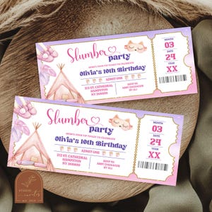 May include: Two pink and purple ticket-style invitations for a slumber party. The invitations feature a watercolor illustration of a teepee tent with a pink and white sleeping bag inside. The text on the invitations reads "Slumber Party" and "Olivia's 10th Birthday".