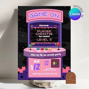 May include: A pink and purple arcade party invitation with the text "GAME ON" at the top. The invitation includes the text "PLAYER CHRISTIE has reached LEVEL 8" and details for an arcade party on August 12th at 1:00 PM.