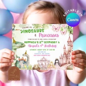 May include: A colorful invitation with the text "Calling All Dinosaurs & Princesses" for a birthday celebration. The design includes illustrations of dinosaurs, a castle, and butterflies. The invitation is editable in Canva.
