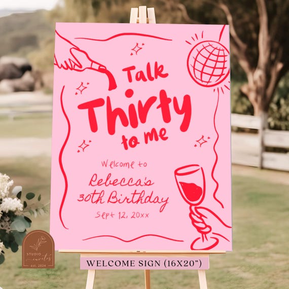 Talk Thirty To Me Women Birthday Party Sign, Pink and Red Retro Vintage 30th Birthday Poster, Dirty Thirty Birthday Welcome Sign C56