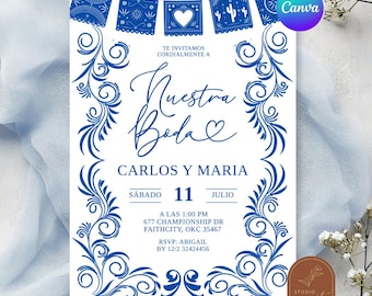Spanish Blue Talavera Frame Nuestra Boda Invitacion, Invitaciones De Boda Papel Picado Mexican Wedding, Canva Editable Wedding Invite C190