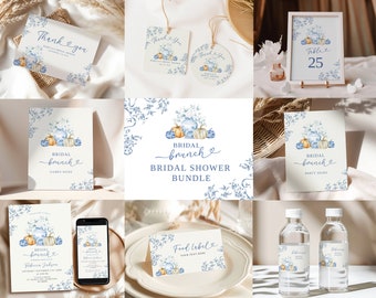 Fall Pumpkin Ginger Jar Chinoiserie Bundle Brunch Set, Blue Chinoiserie Bridal Brunch Bundle Invitation, French Toile Bridal Shower C62