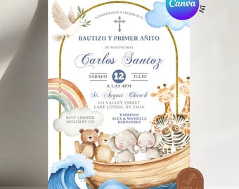 Invitación de bautismo del Arca de Noé, Invitación de bautismo y primer aniversario, Plantilla editable de Canva C273 con animales en acuarela y paloma española