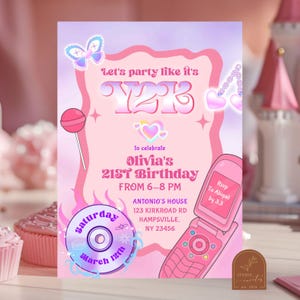 May include: A pink Y2K-themed birthday invitation with a butterfly, hearts, and a flip phone illustration. The invitation reads "Let's party like it's Y2K" and announces Olivia's 21st birthday on March 12th.