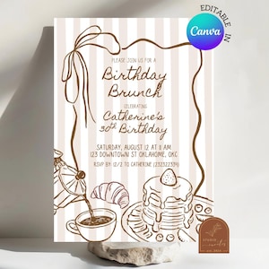 Puede incluir: Una tarjeta de invitación para un brunch de cumpleaños con rayas verticales beige e ilustraciones de línea marrón de una cafetera, un croissant y una pila de panqueques. El texto dice: Please join us for a Birthday Brunch celebrating Catherine's 30th Birthday, Saturday, August 12 at 11 AM, 123 Downtown St Oklahoma, OKC, RSVP by 12/2 to Catherine (232322334).